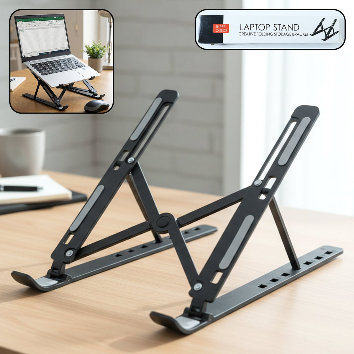 Adjustable tablet stand holding a tablet on a modern desk, showcasing its ergonomic design. Main image