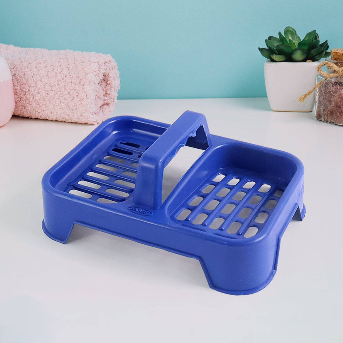 Stylish double soap dish stand with handle for bathroom essentials. Main image