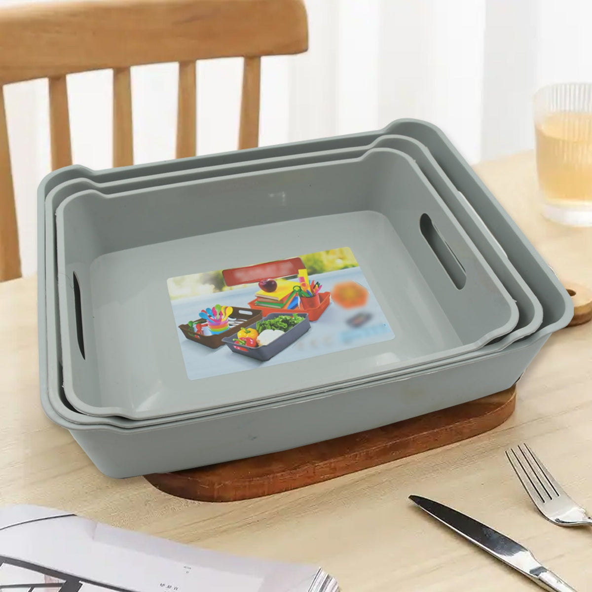 Set of 3 multi-purpose plastic storage trays with ergonomic handles Main image