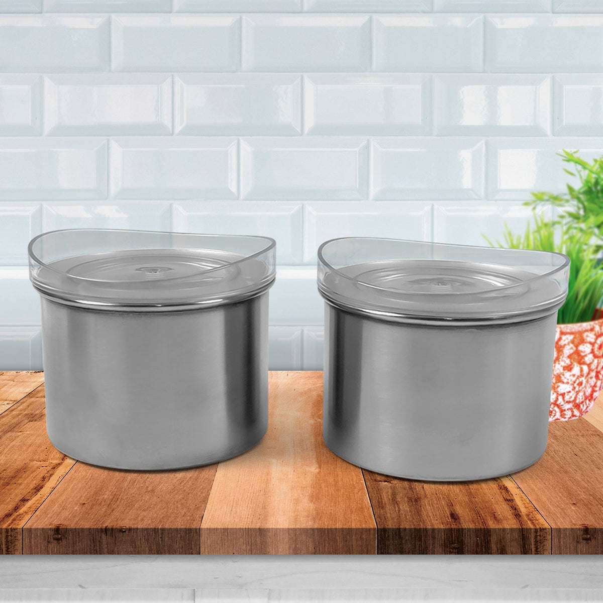 Two 500ml airtight stainless steel containers with clear, transparent lids for food storage. Main image