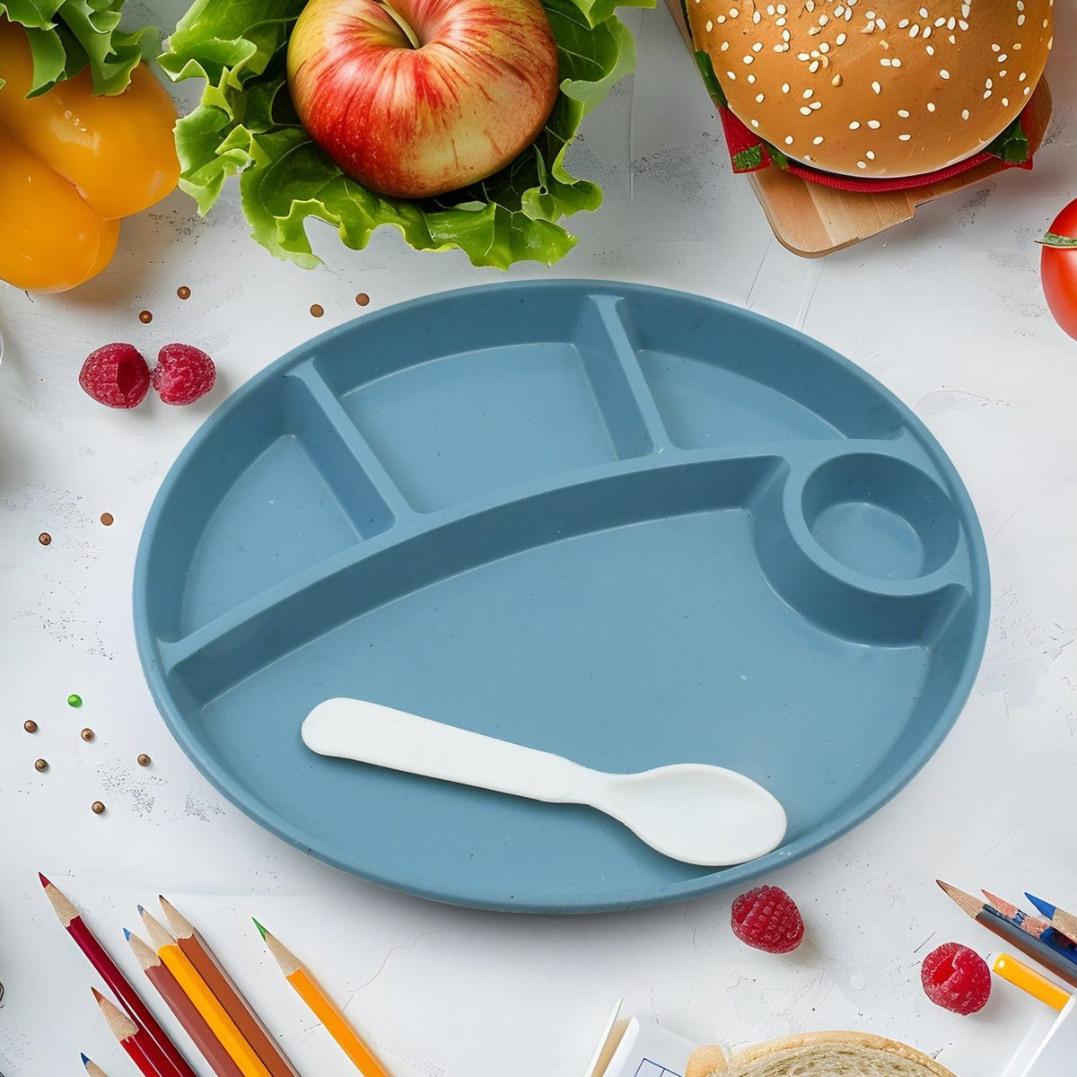 Jiaqi biodegradable kids plate with 5 compartments and matching spoon. Main image