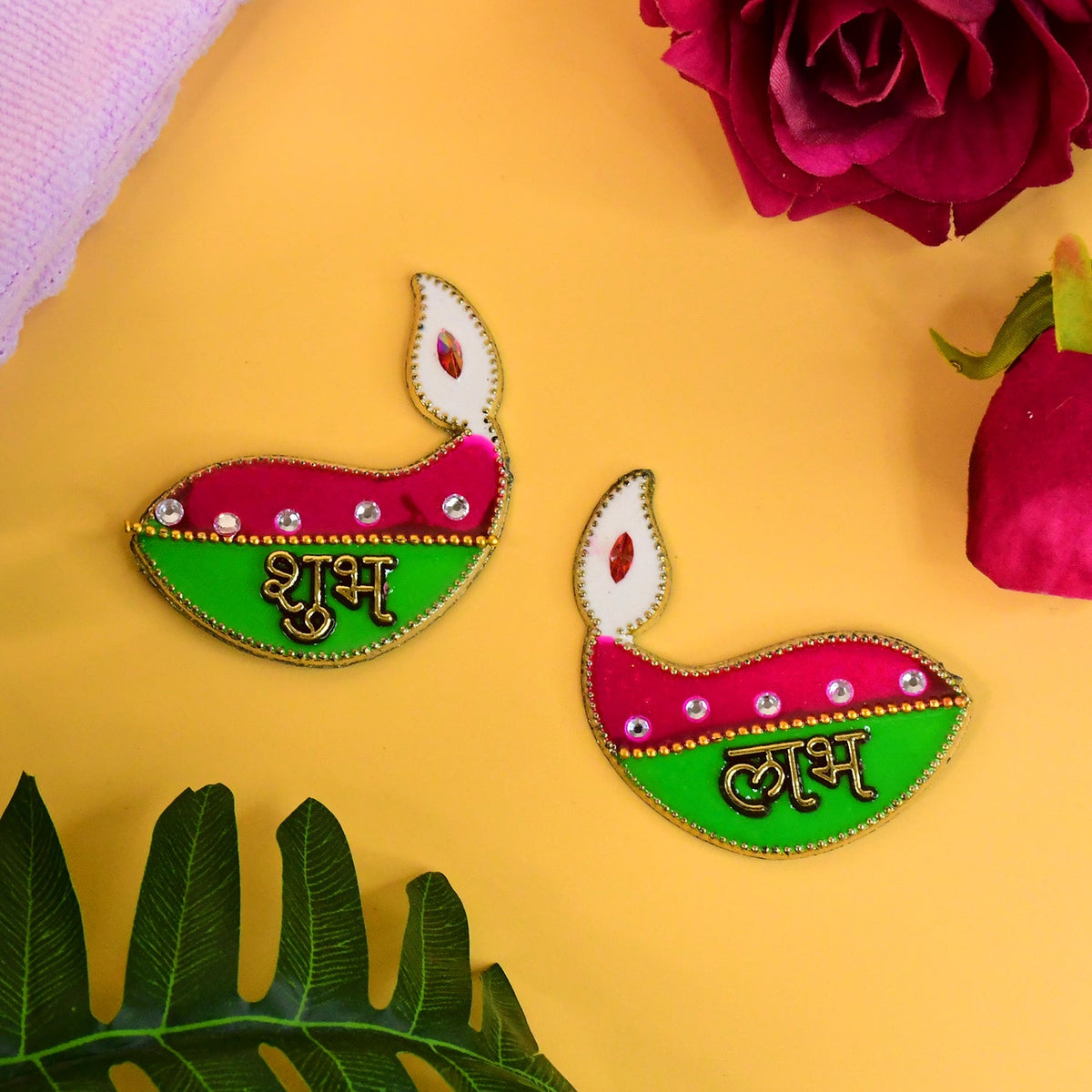 Set of 2 Shubh Labh Diya shaped wall hangings with colorful glitter and stone accents Main image