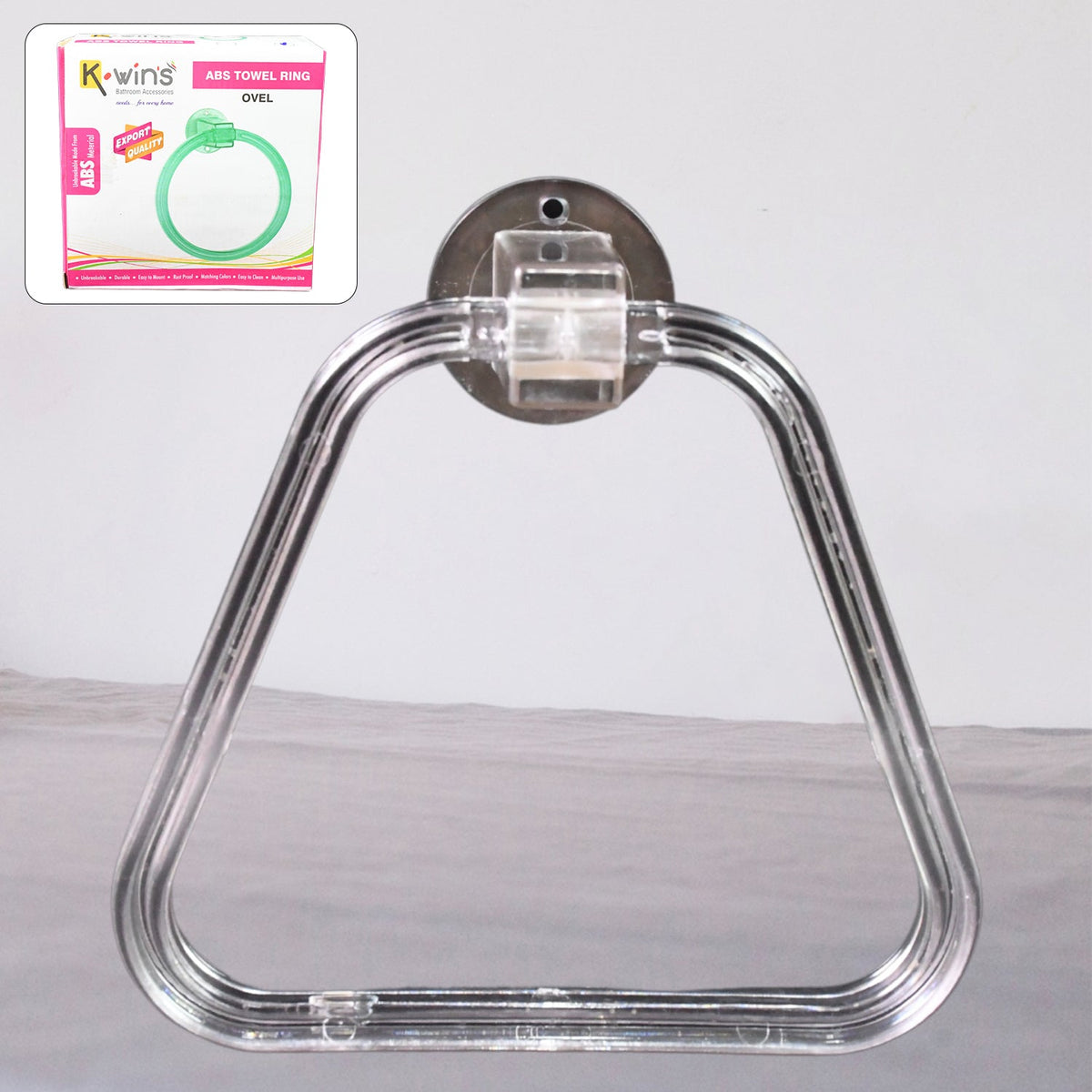 Clear ABS square towel ring holder from BathNova, ready for wall mounting. Main image