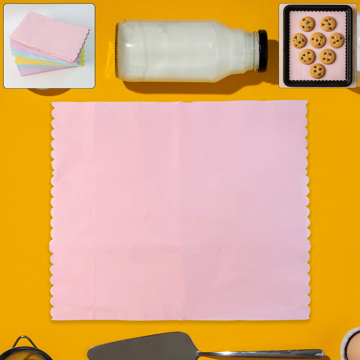 200-piece multi-color oil-absorbing baking paper sheets with scalloped edges on tray Main image