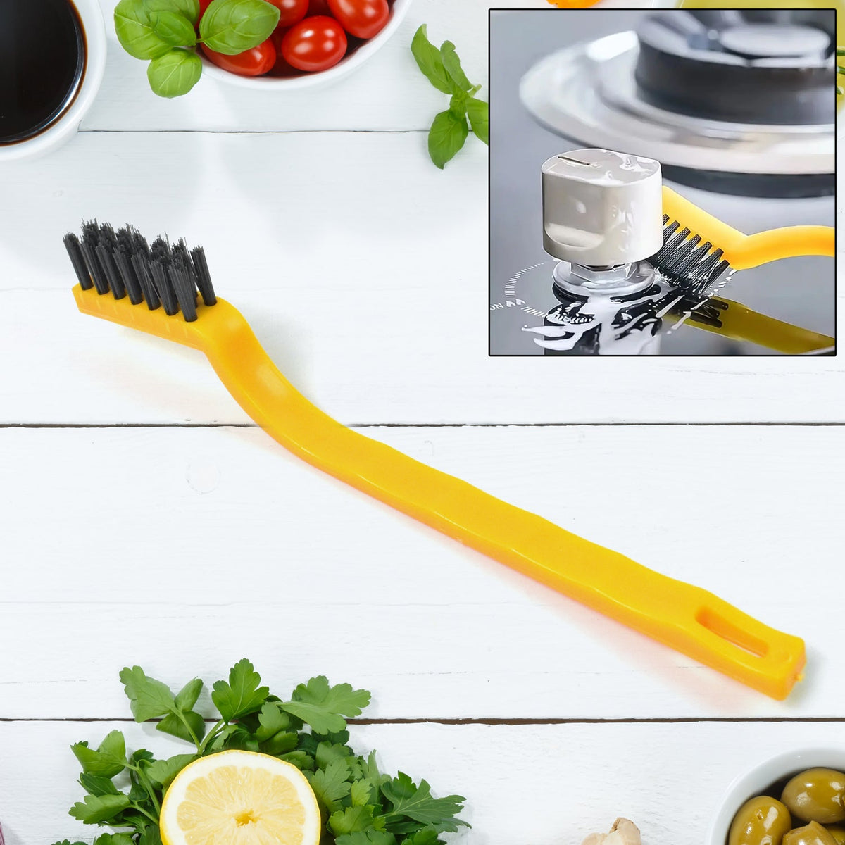 Mini nylon cleaning brush with ergonomic handle for kitchen tasks. Main image