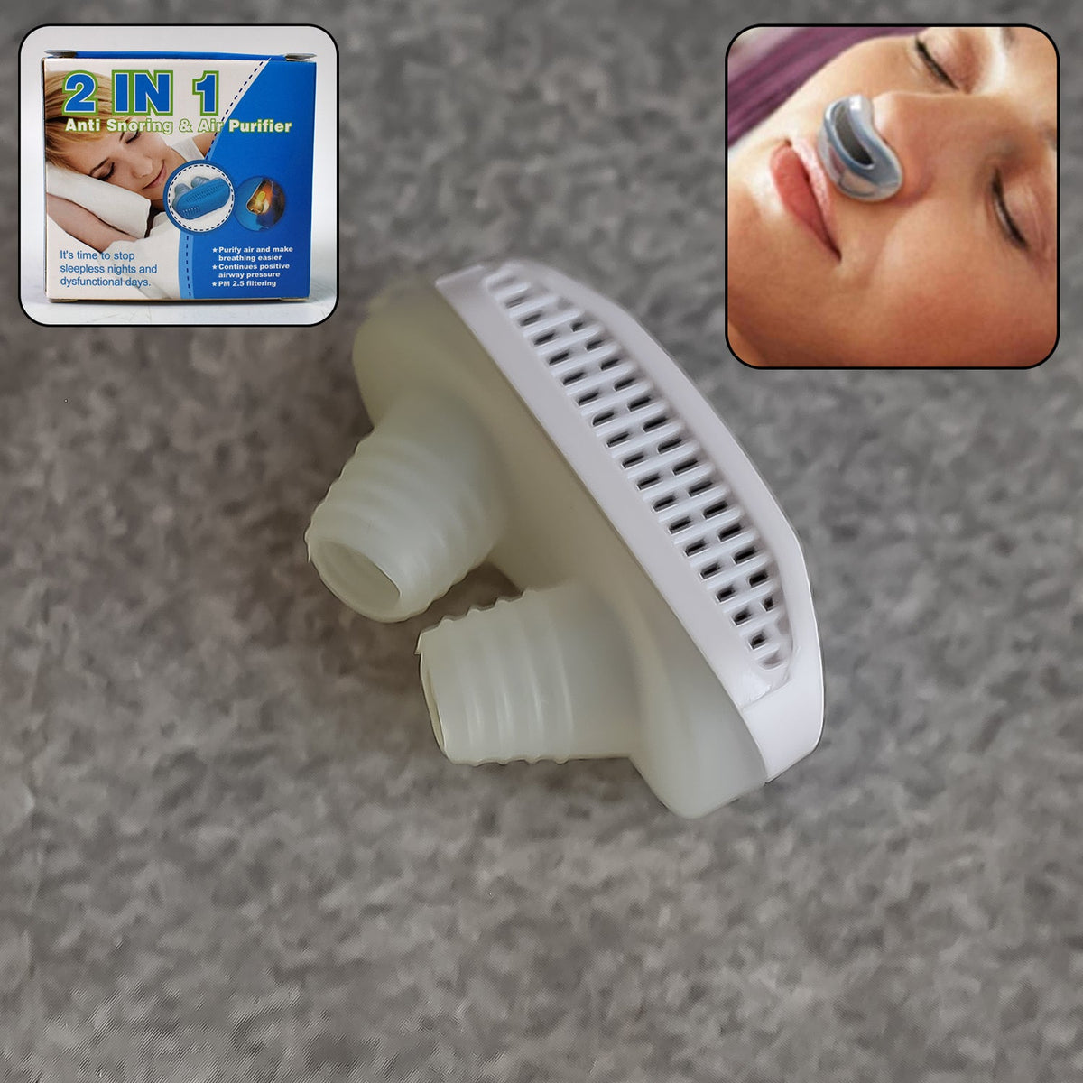 Velvet Wheels Anti-Snoring Nose Clip with its protective plastic travel case. Main image