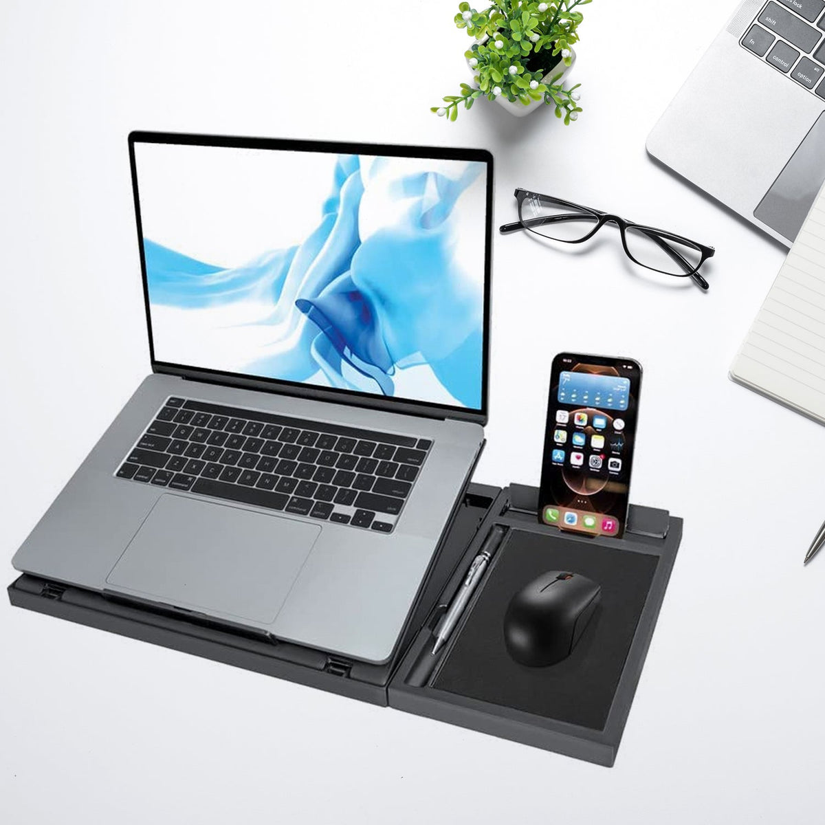 Ergonomic foldable laptop stand with free phone holder for MacBook and tablets. Main image