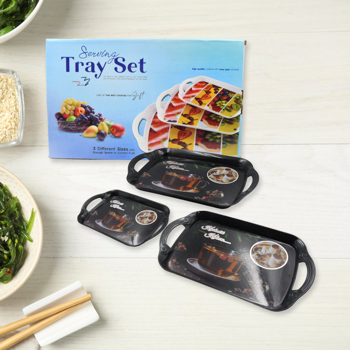 Multicolor serving tray set with small, medium, and large rectangular trays ideal for serving food or decoration. Main image
