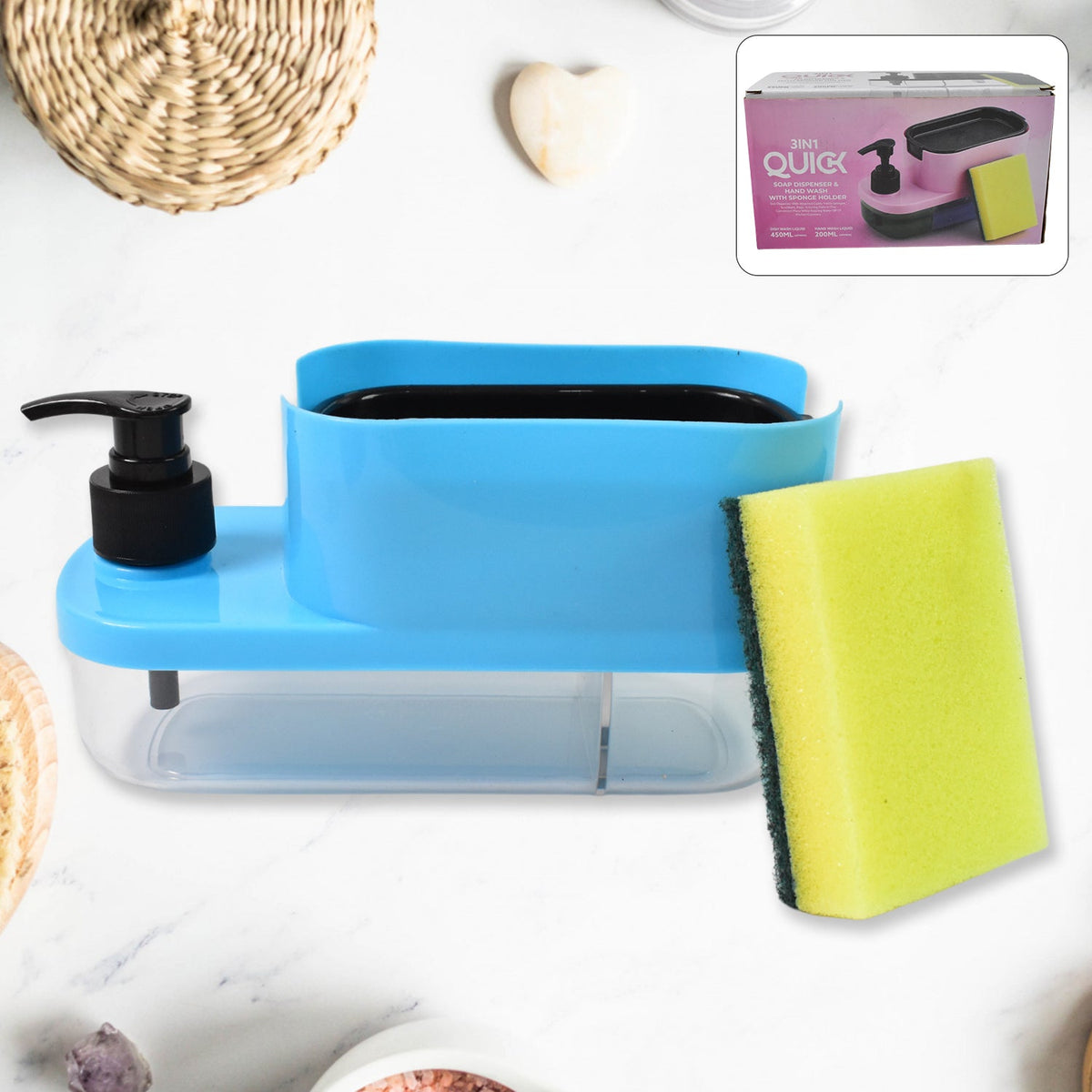3-in-1 Soap Dispenser with sponge holder neatly placed on a modern kitchen sink. Main image