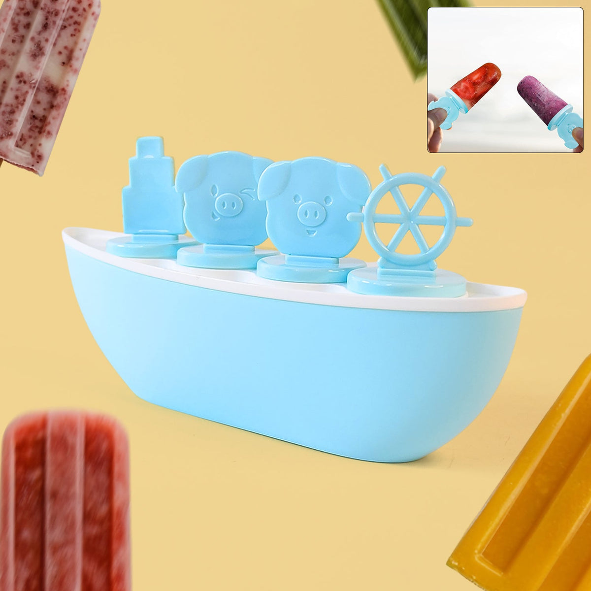 Boat shaped ice cream mould tray with piggy and ship wheel design for kids popsicles Main image