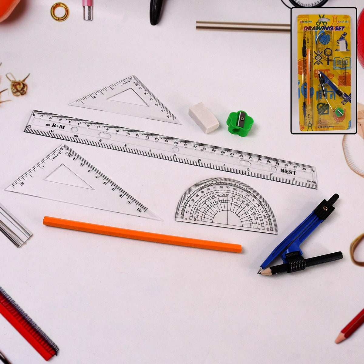 9-in-1 stationery set with rulers, protractor, and compass arranged on a desk for school and office use. Main image