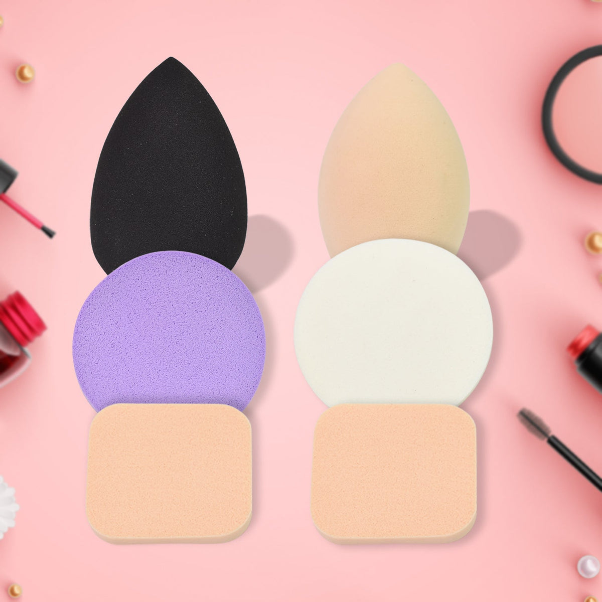 Set of six vibrant, latex-free makeup sponges for flawless foundation application. Main image