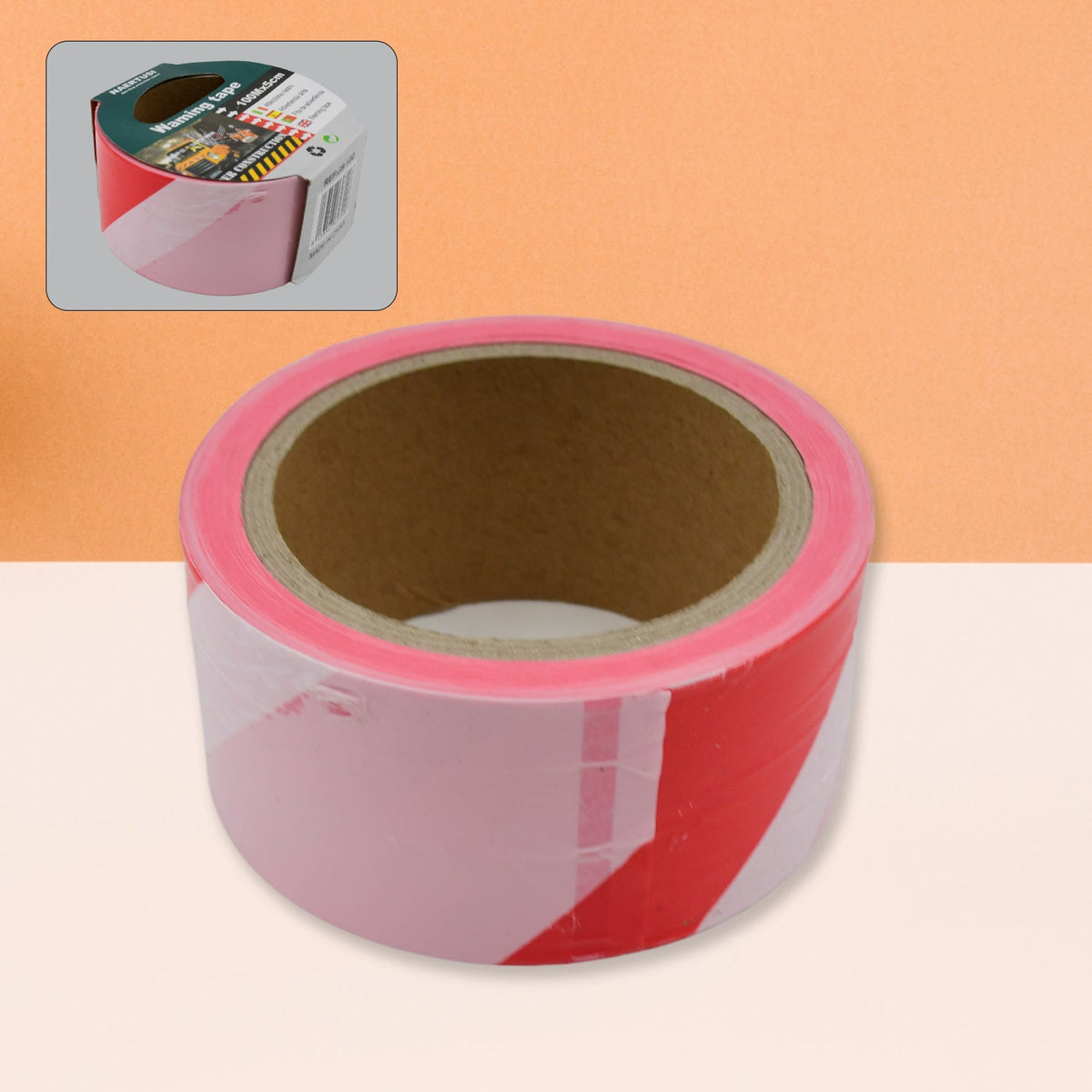 Bright red and white non-adhesive safety warning tape roll. Main image