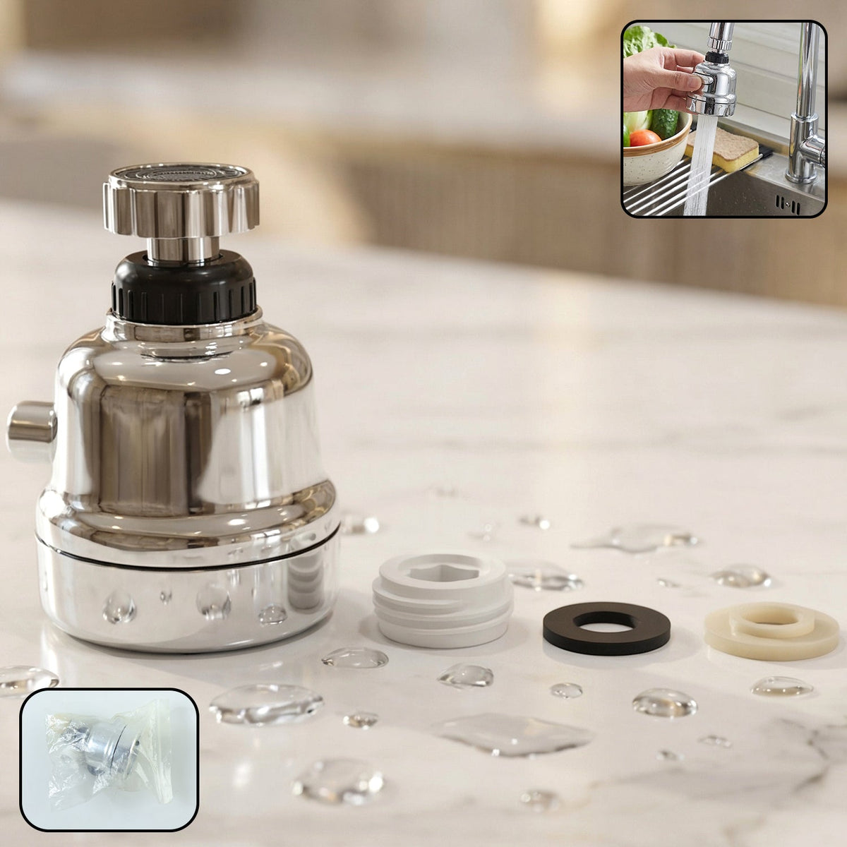 360 degree rotating kitchen faucet sprayer head showing flexible water flow Main image