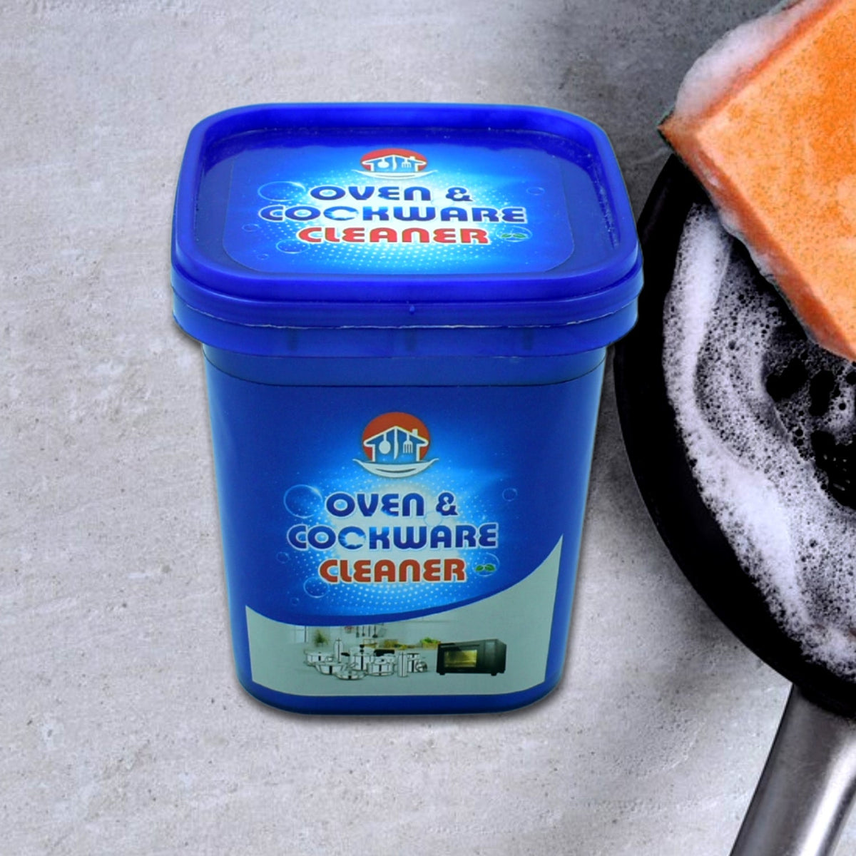 Oven Cleaner Powder in a white jar, ready for use with a cleaning sponge. Main image