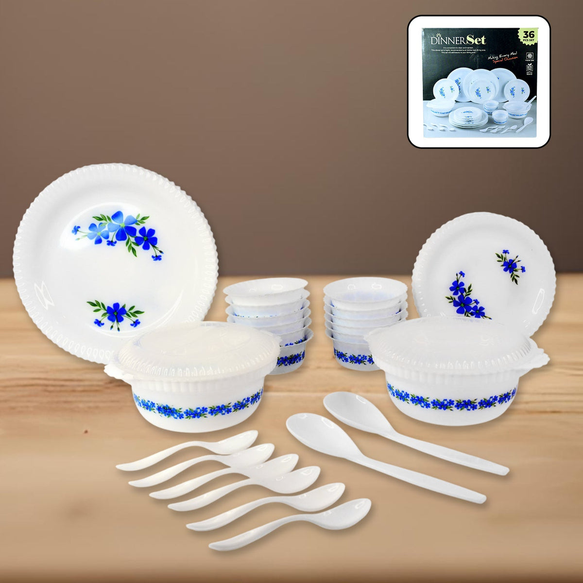 36-piece plastic dinner set showcasing vibrant blue floral pattern Main image