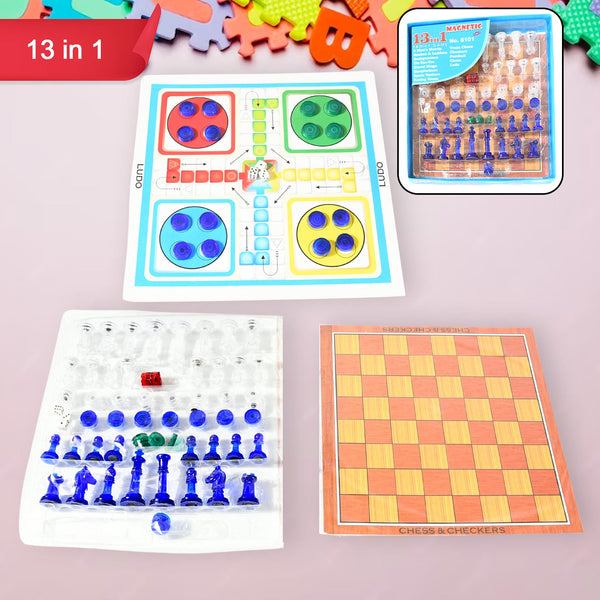 Top-down view of the compact 13-in-1 family board game set, ready for play.