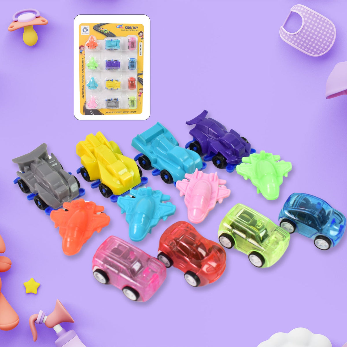 12-piece set of colorful mini pull back cars and aeroplanes displayed together. Main image