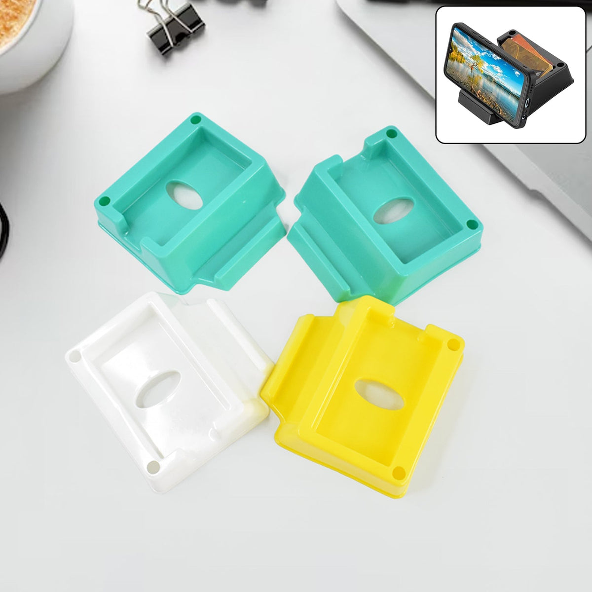 Set of 4 plastic mobile phone stand holders mounted on wall Main image