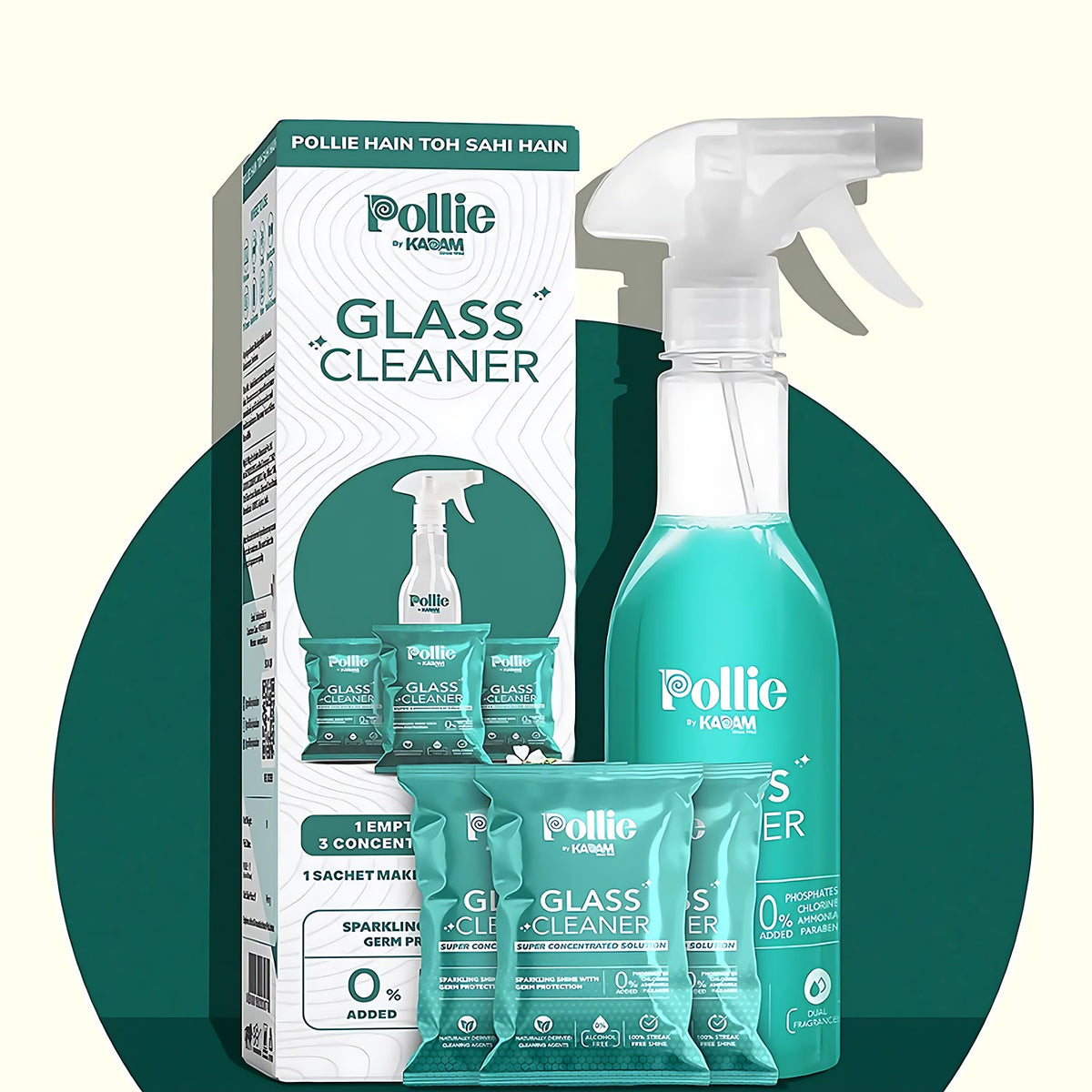 Concentrated glass cleaner refill sachets and reusable spray bottle on a white background. Main image