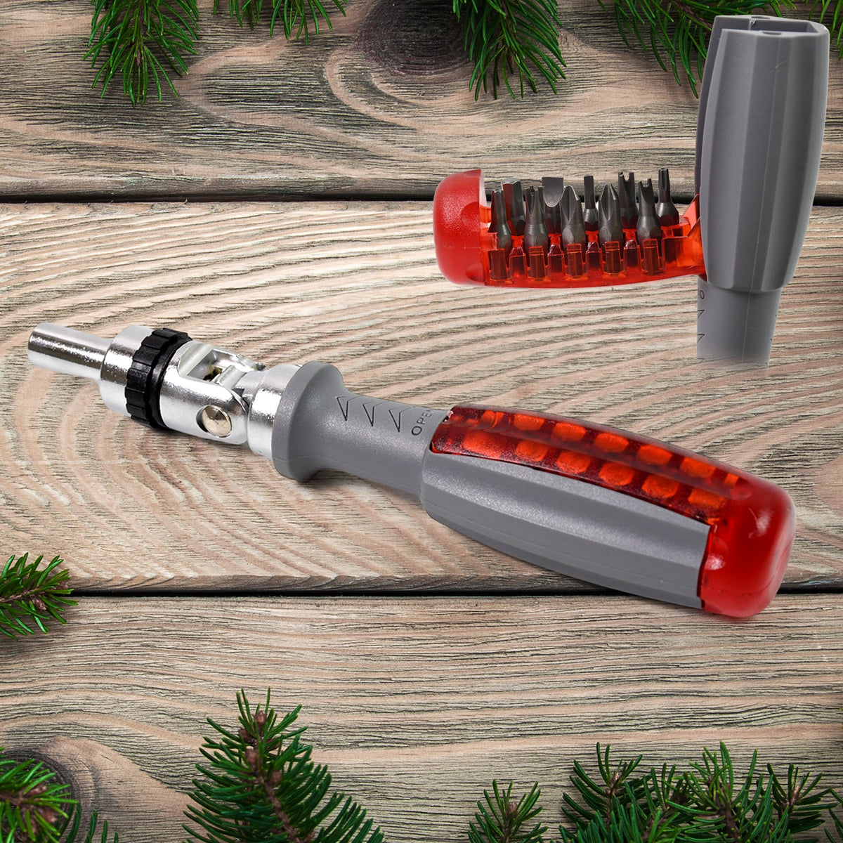 BoltForce Ratchet Screwdriver Set with adjustable angle and 20 bits, ready for use. Main image