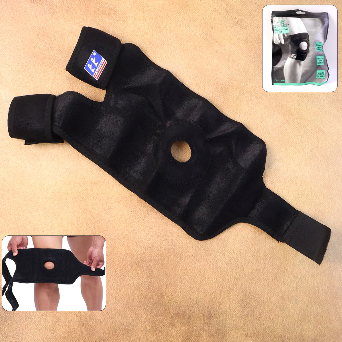 Adjustable elastic knee support brace with open patella hole for knee stability Main image