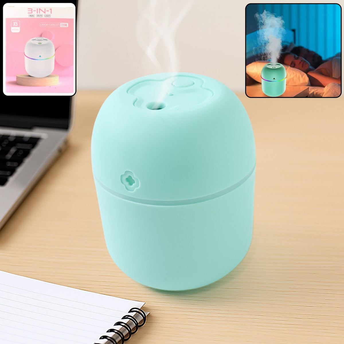 White Mini USB Humidifier diffusing cool mist with ambient lighting. Main image