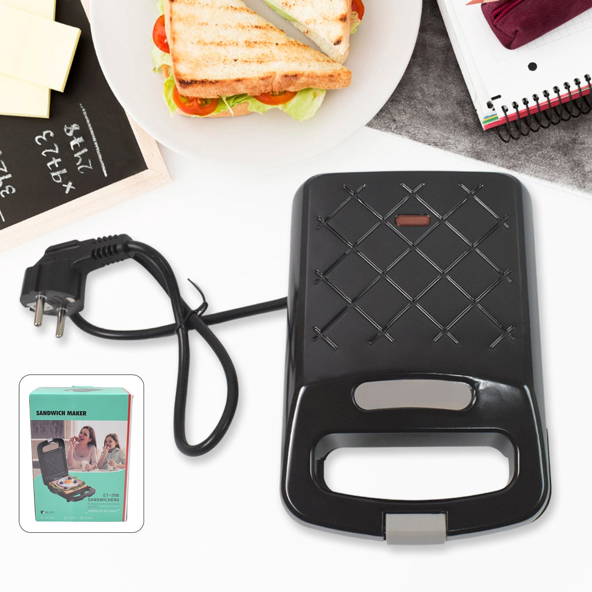 ChefMates Sandwich Maker with non-stick plates, ready to use. Main image