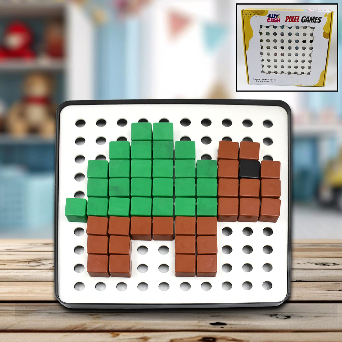 Kids assembling colorful pixel cubes toy on a board. Main image