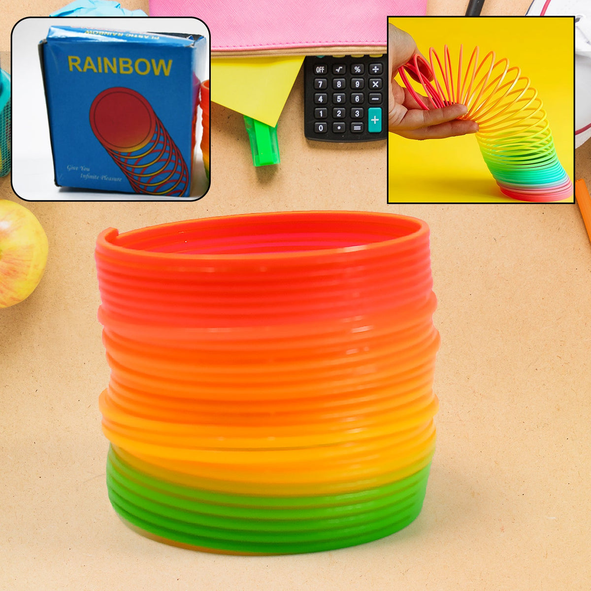 Close-up of a vibrant Rainbow Slinky Toy stretching, showcasing its bright colours. Main image