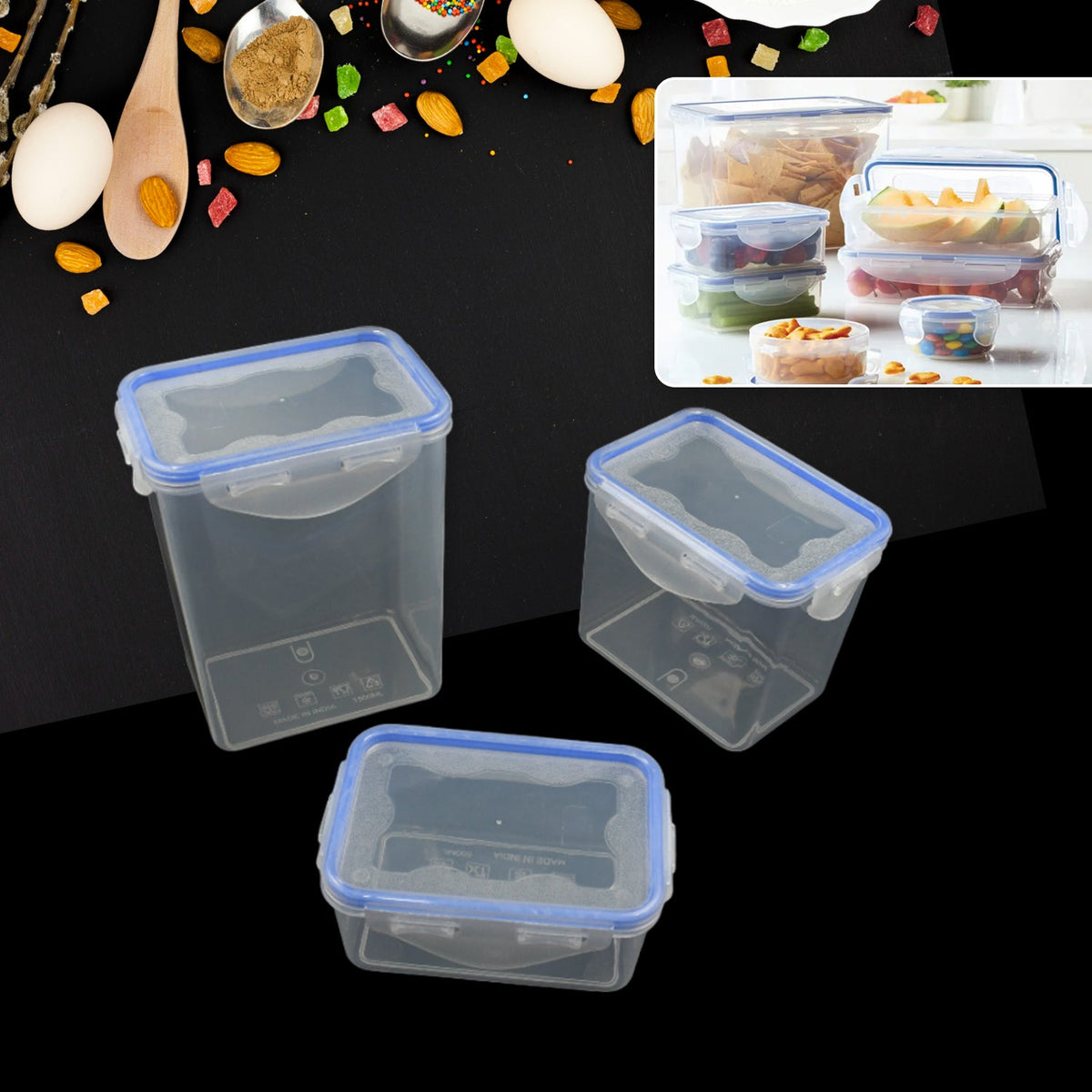 A 3-piece airtight kitchen storage container set with clear plastic and blue lids. Main image