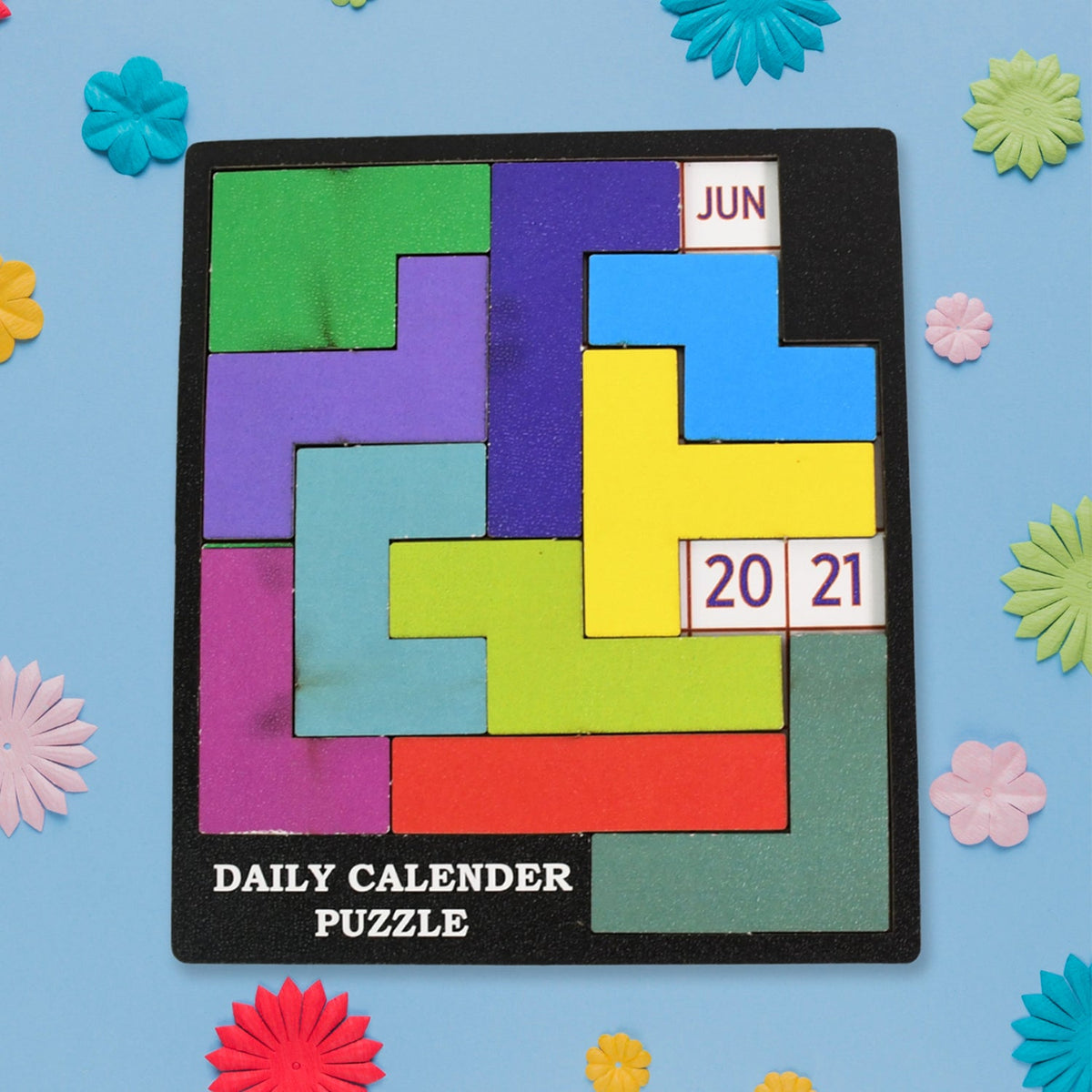 Wooden Daily Calendar Puzzle fully assembled, showcasing the current date. Main image