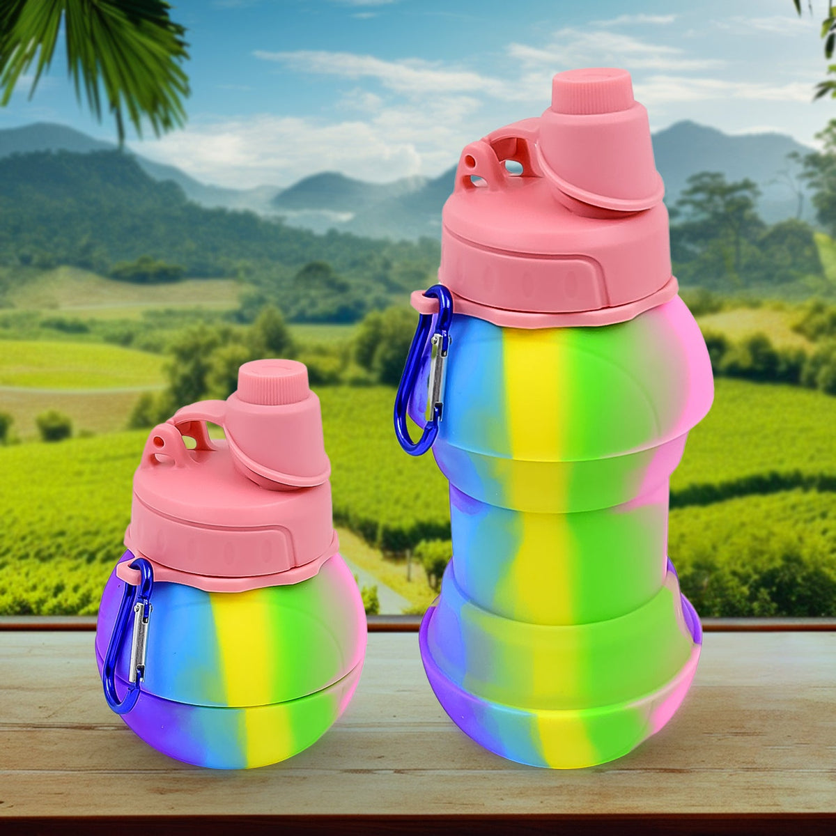 Collapsible water bottle ready for use, showcasing its flexible silicone design. Main image