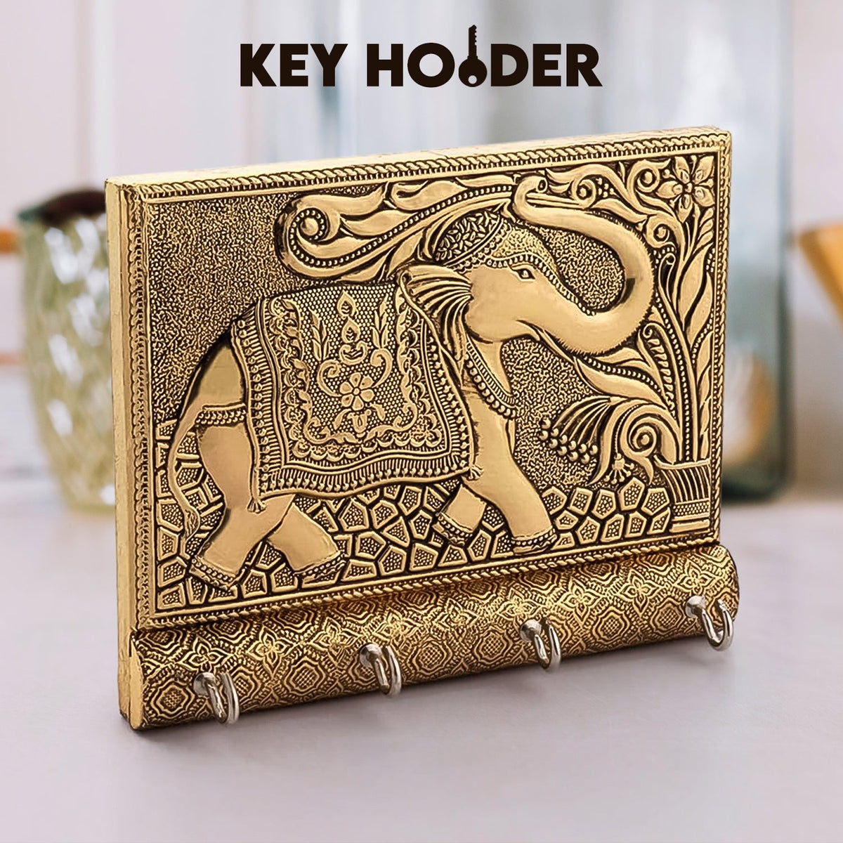Elegant wooden elephant key holder mounted on a wall. Main image