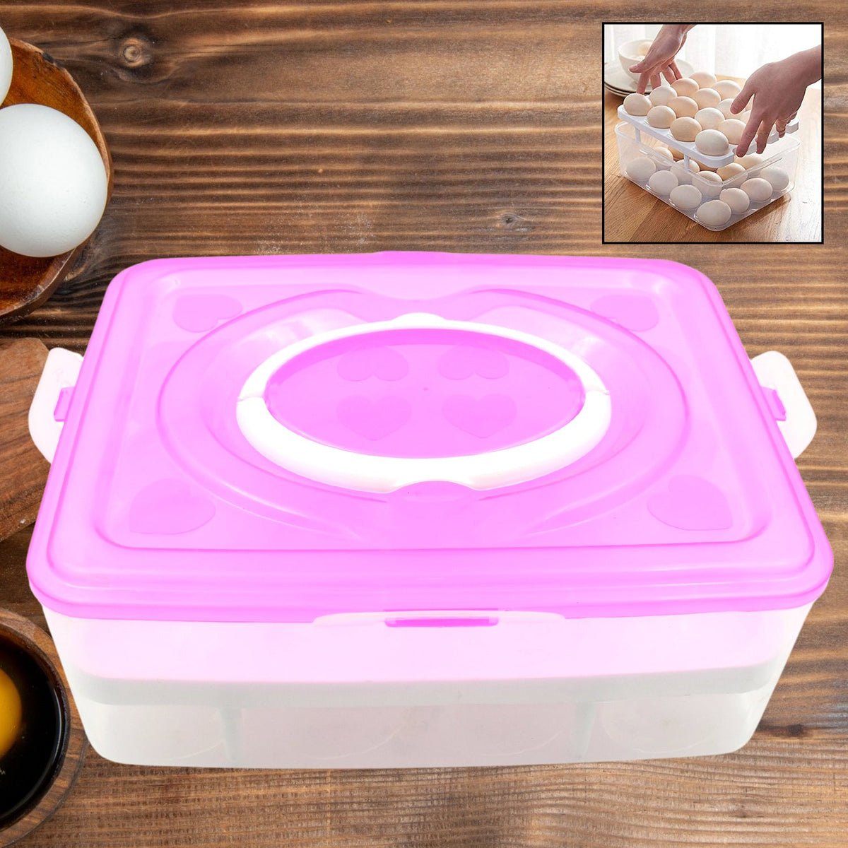 Top view of 2-layer 32-grid egg tray with lid and handle for egg storage Main image