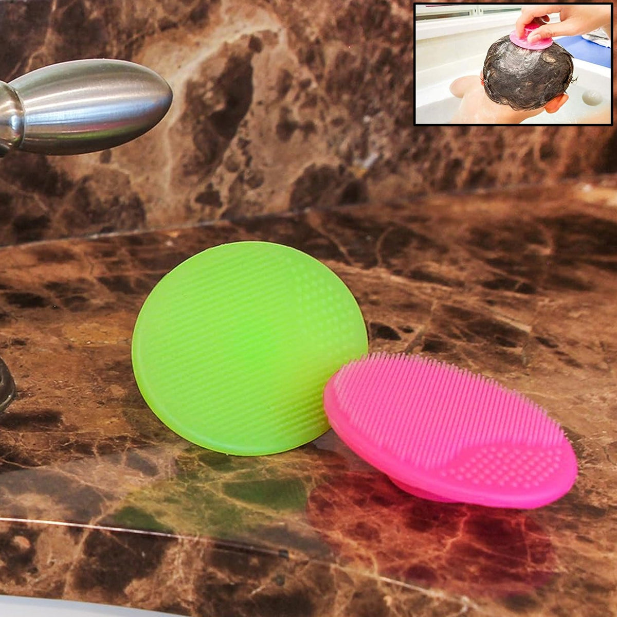 Soft silicone facial cleansing brush set in vibrant colors, ready for use. Main image