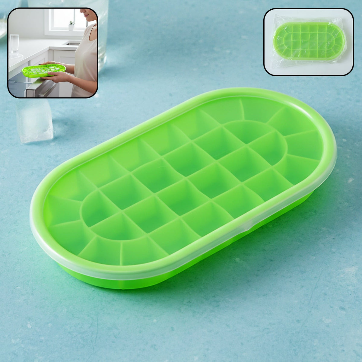 Oval silicone ice cube tray with lid for easy, odor-free freezing Main image