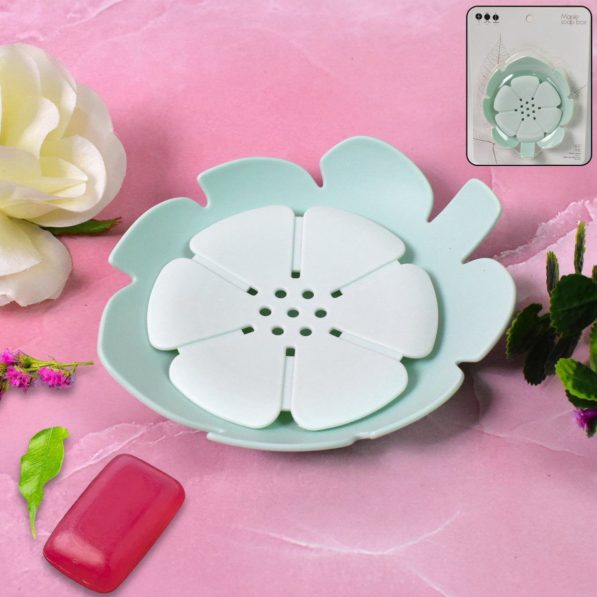Elegant plastic soap dish with a white floral design, shown in a clean bathroom setting. Main image