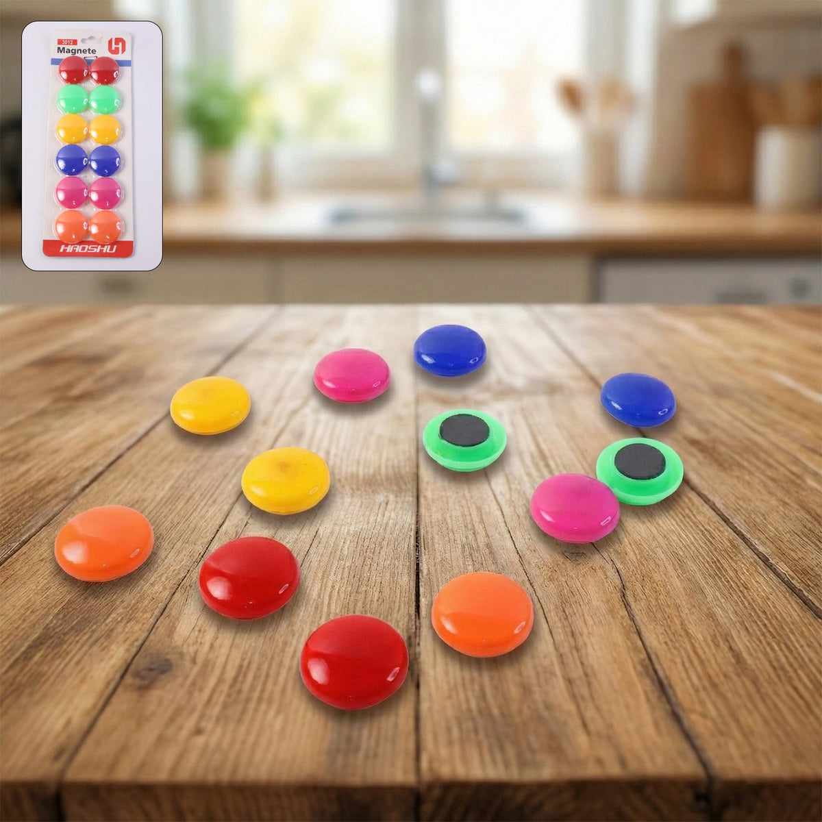 Colorful round refrigerator magnets set holding notes on fridge Main image