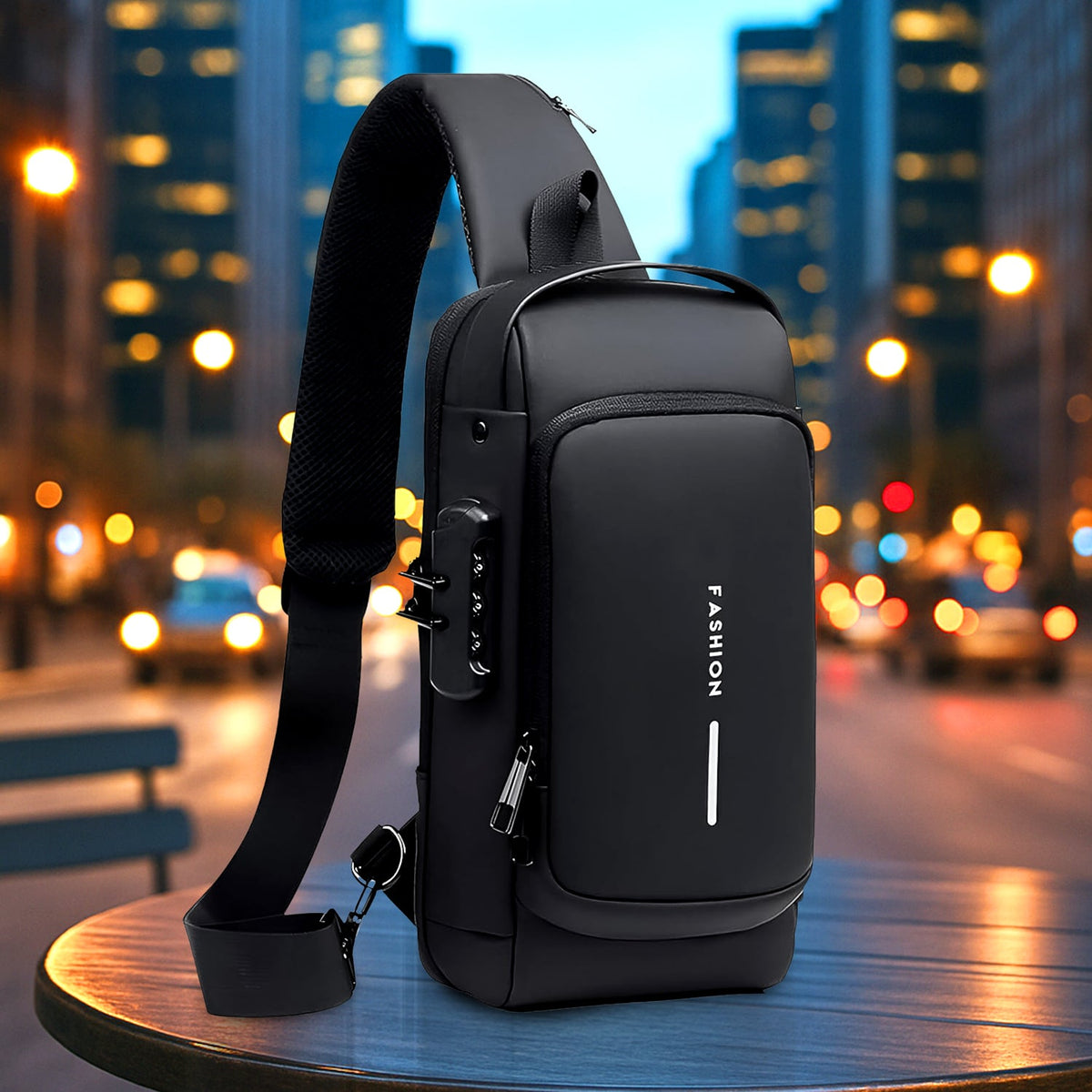 Black anti-theft crossbody sling bag featuring USB charging port and sleek design Main image