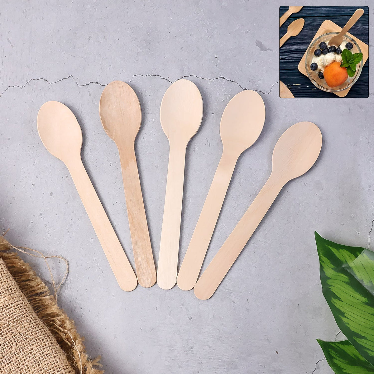 30 disposable wooden spoons packed together, ideal eco-friendly birchwood cutlery. Main image
