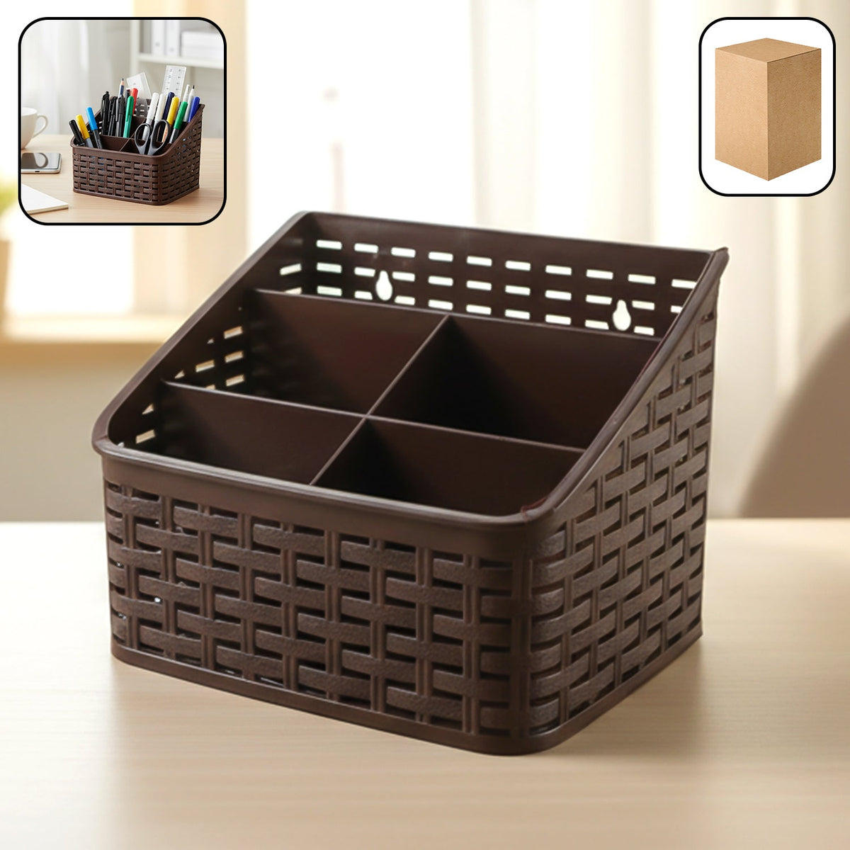 5 compartment desk organizer basket with woven design on office desk Main image