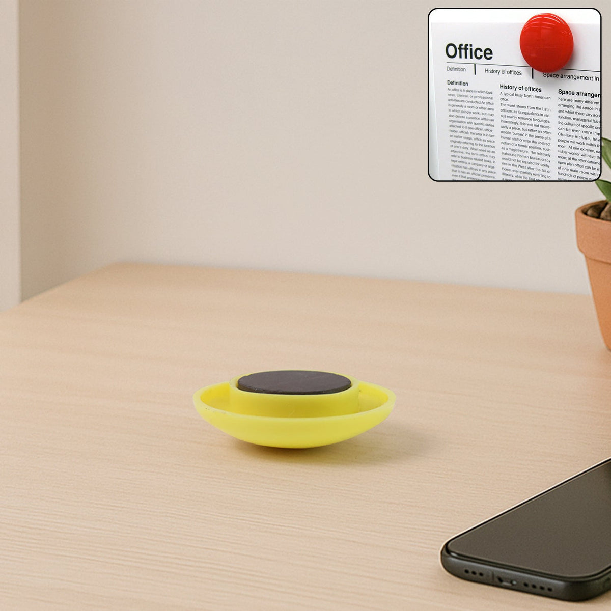 Yellow circular magnetic button gripping whiteboard surface Main image