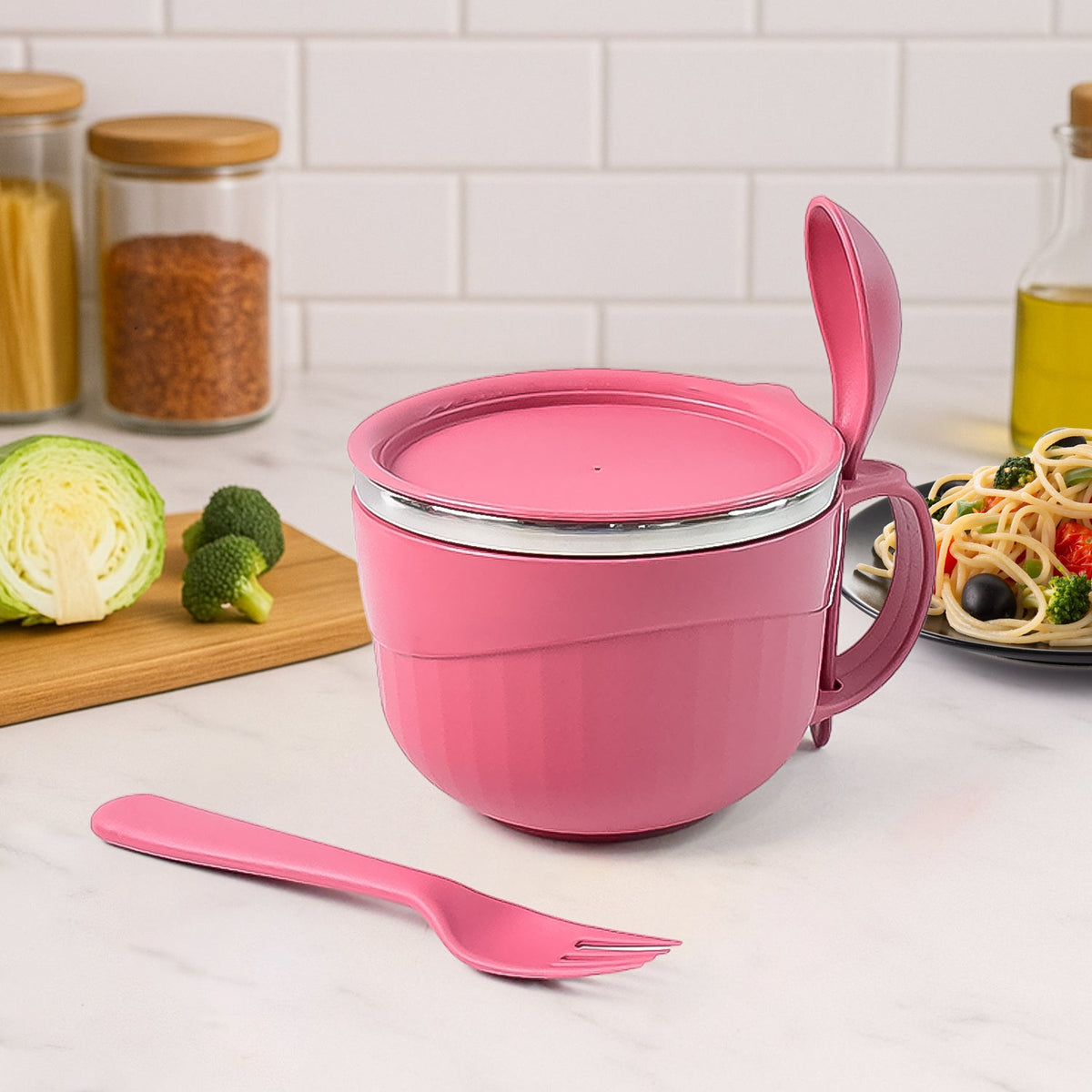 700 ML multipurpose noodle bowl with handle, lid, and fork by Apex Main image