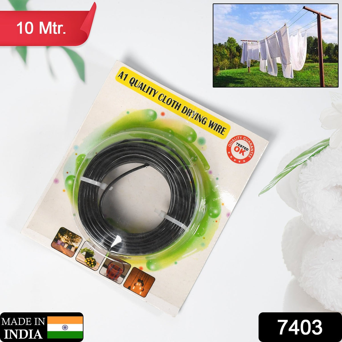 10-meter PVC coated steel cloth drying wire unrolled. Main image