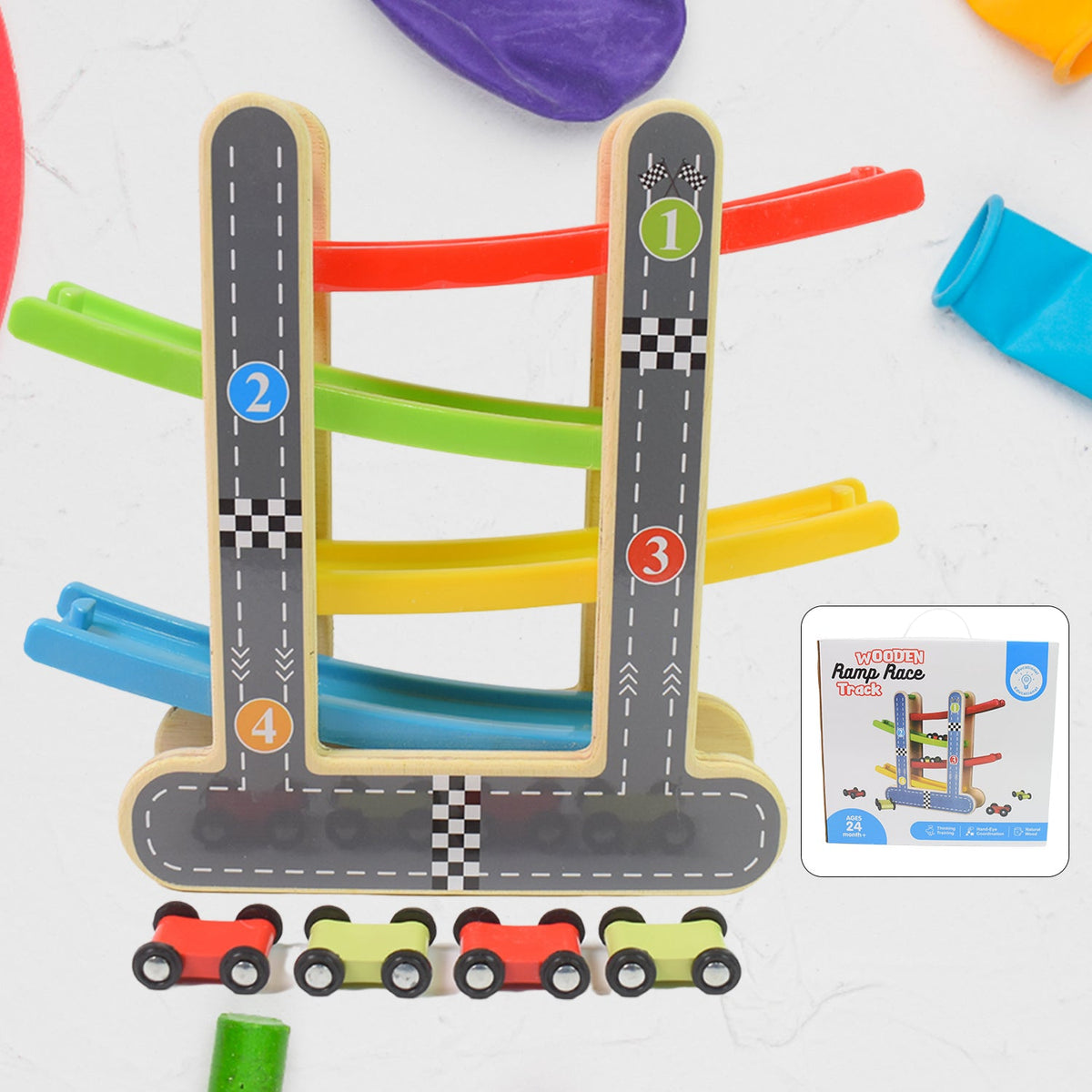 Wooden race track set with four levels and colourful mini cars, ready for play. Main image