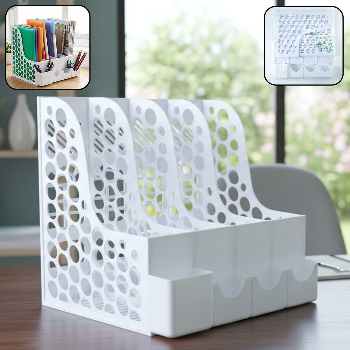Desk organizer file holder with vertical slots and pen compartments on a workspace. Main image