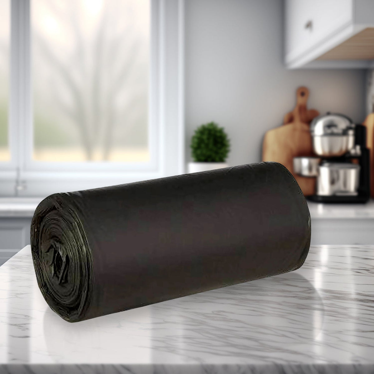 A roll of black garbage bags with a tie-tape for easy and hygienic waste disposal. Main image