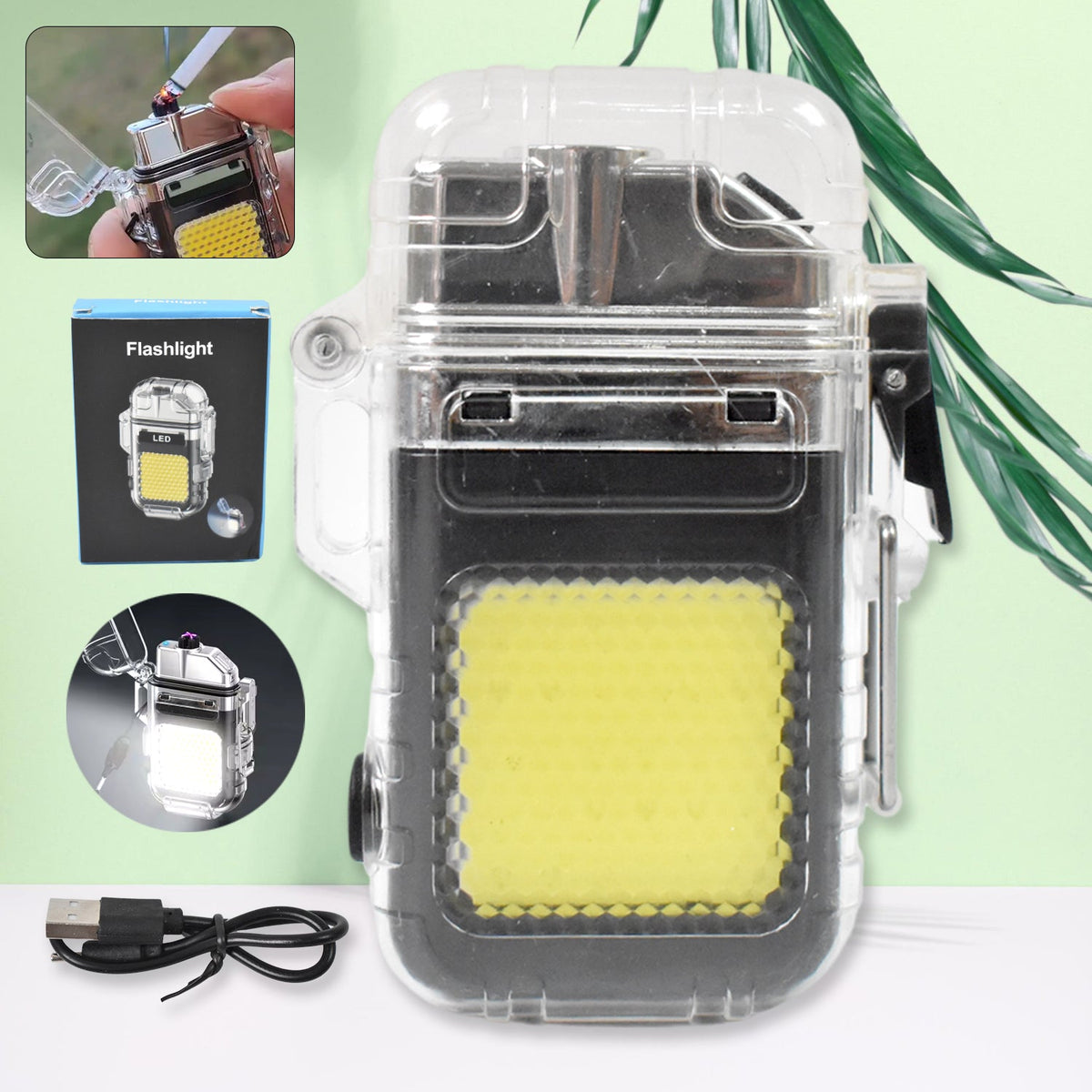 USB rechargeable electric lighter flashlight with transparent body and COB light. Main image