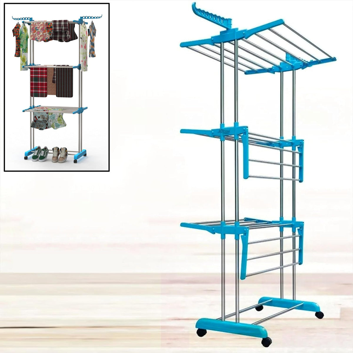 FreshAura 3-layer stainless steel cloth drying stand, fully extended. Main image